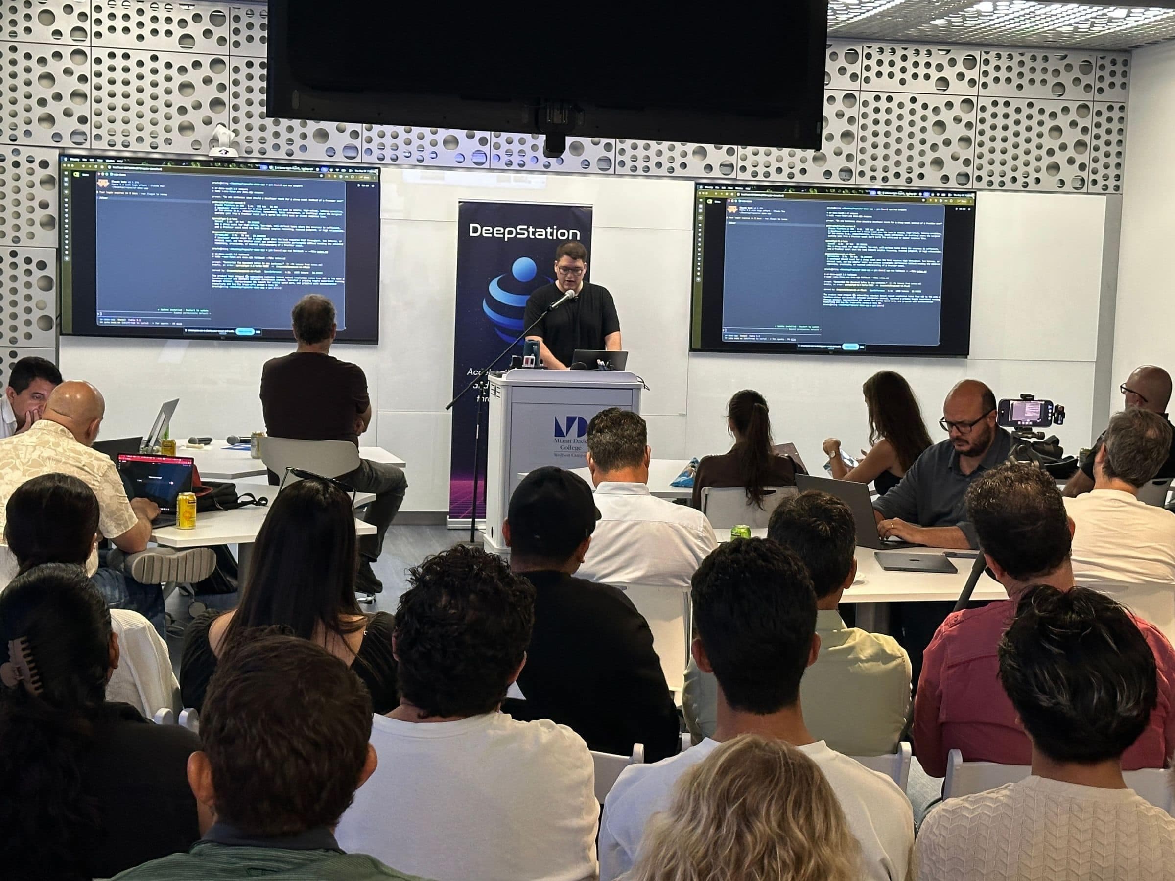 A builder presents from the podium at a DeepStation AI Demo Night