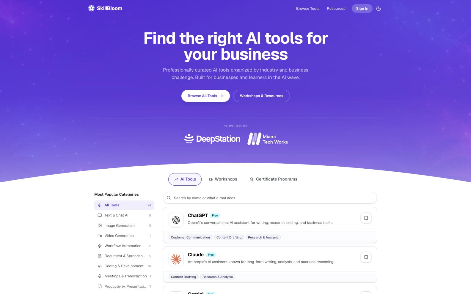 SkillBloom homepage: curated AI tools for your business